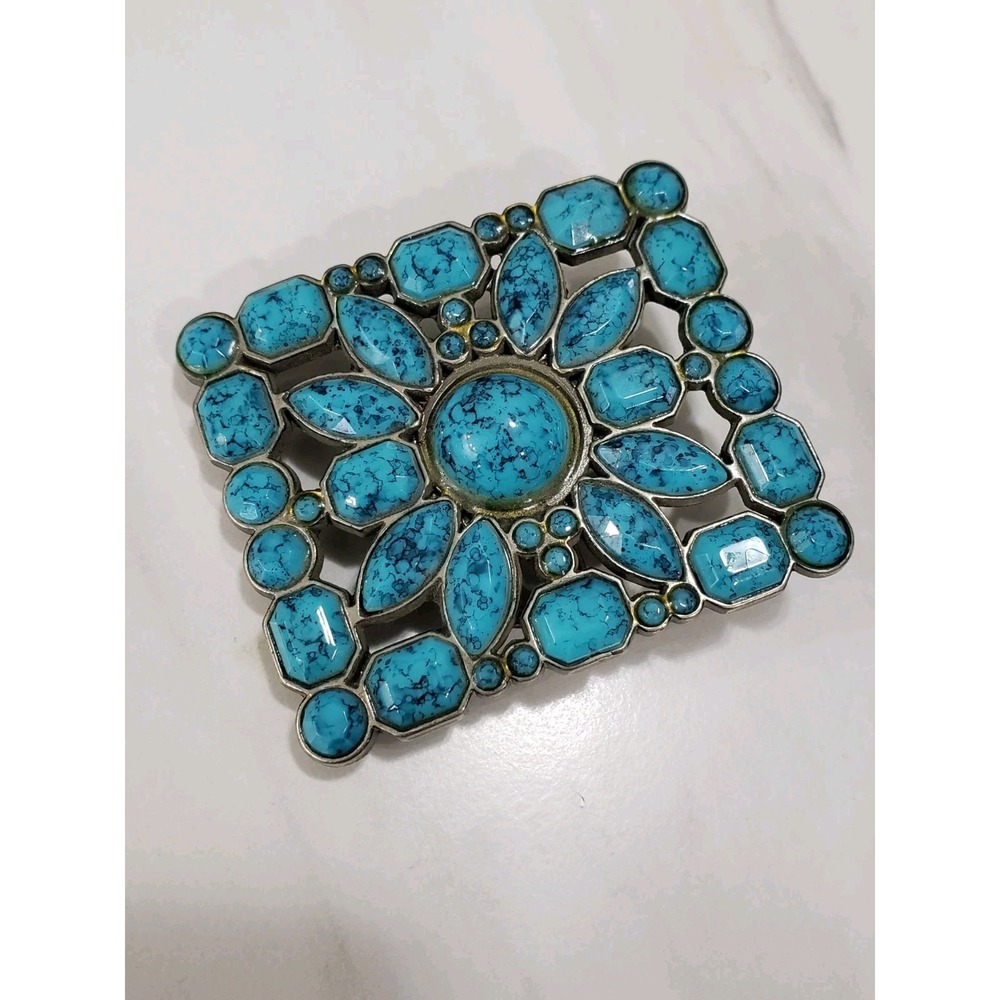 Flower FAUX Turquoise Stone Silver Tone Belt Buckle Western Boho Mandala‎ Hippie